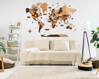 3D Wooden World Map – Four Shades Edition | Handcrafted Wall Art in Natural Brown Tones