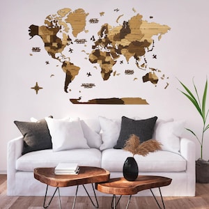 Weltkarte aus Holz in MDF mit Eichenfurnier - Rustikale Wandkunst, Handgemachte Geographie Dekoration für Zuhause oder im Büro, Landkarte Monde Wandbild, Weltkarte Holz