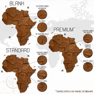 May include: Three wooden maps of Africa with different levels of detail. The top map is labeled "BLANK" and has no country names or borders. The middle map is labeled "STANDARD" and has country names and borders. The bottom map is labeled "PREMIUM*" and has country names, borders, and capital cities. The text "*COUNTRIES CAPITALS IS NOT AVAILABLE FOR 100CM MAPS" is at the bottom of the image.