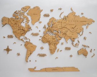 3D Wooden World Map “Golden Oak” – Handcrafted Wall Art in Warm Natural Wood Tone | Cozy Gift for Home & Office