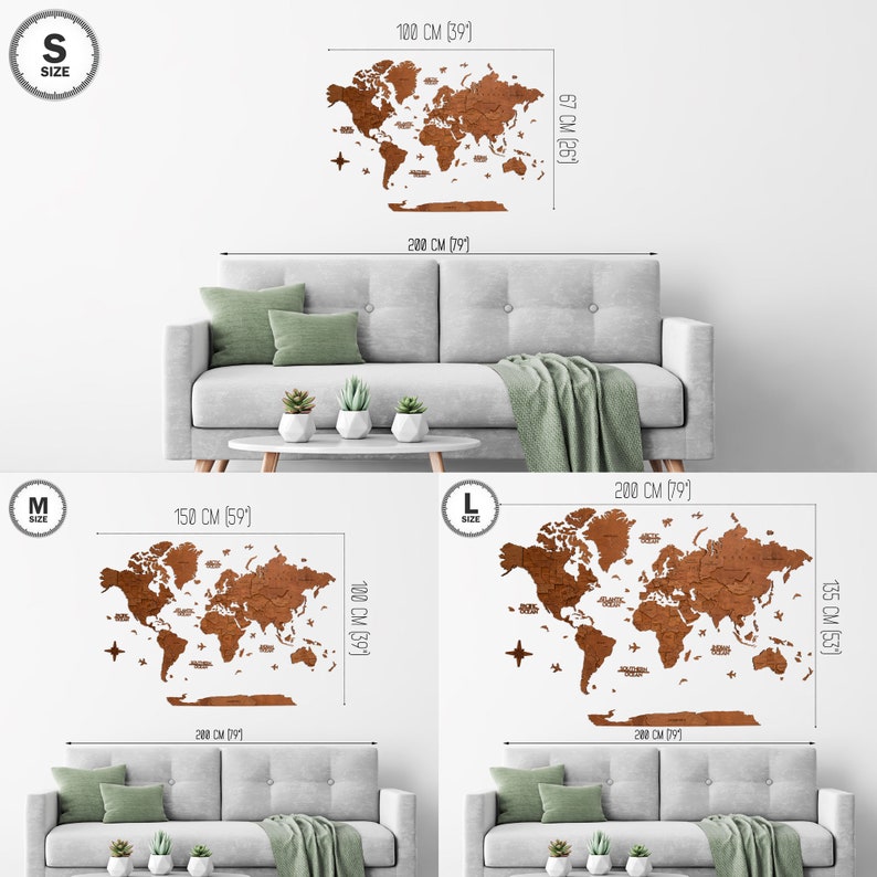 May include: Three sizes of a cork world map wall decor. The map is made of cork and has a brown color. The map is shown on a white wall with a couch in front of it. The sizes are S, M, and L. The measurements are in centimeters and inches.