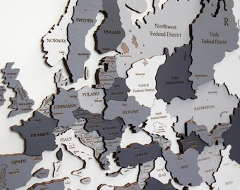 3D Wooden World Map “Urban Camo” – Modern Gray Wall Art, Handmade Home & Office Decor