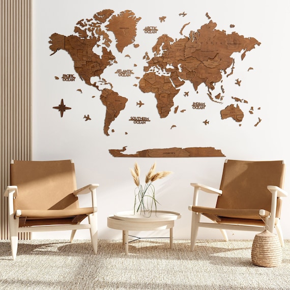 Handcrafted 3D Wooden World Map Wall Art - Unique Gift for Travelers & Modern Home Decor