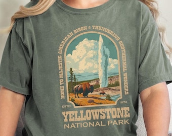 Yellowstone National Park T Shirt, Retro distressed old faithful bison tee, outdoor camping gift for nature lover, hiker, adventurer