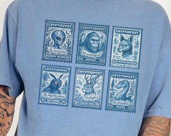 Cryptid Stamp Comfort Colors short sleeve t-shirt, Mythical Halloween tee, Bigfoot, Chupacabra, Alien, Nessie, Jackelope, Mothman shirt