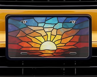 Sunset Stained Glass License Plate - aluminum vanity plate car accessory, sunrise decor, metal vehicle decoration, gift for car enthusiast