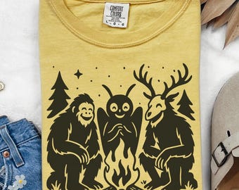 Cryptid Campfire T-shirt, Mothman Bigfoot Wendigo Folk Art Weirdcore Shirt for Cryptozoology Enthusiasts, Whimsigoth Whimsical Monster Tee