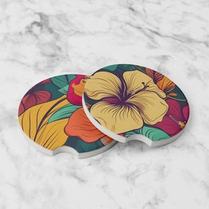 Bright Hibiscus Car Coasters (set of 2) car accessory to protect your interior, tropical floral hawaiian design, new car gift
