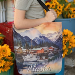 Alaskan Fishing Village Tote Bag, fjord design with fishing boats, reusable shopping bag watercolor design, book lover gift, Alaska souvenir