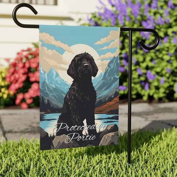PERSONALIZED Portie House or Garden Flag, Your favorite hiking buddy, the Portuguese Water Dog posed in mountains. Memorial Flag or Banner