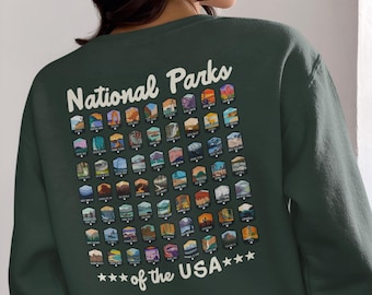National Parks Crewneck Sweatshirt, Checklist US National Park Gifts Camping Gift for Nature Lover, Mountain Hiking Sweater Park Shirt