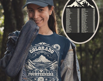 Colorado 14ers Checklist Tee, Whiskey Label Design with Fourteeners Check List on Back. A great gift for Hikers & Climbers