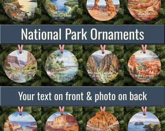 Personalized National Park Ornament with your custom photo on back, 3.5 inch aluminum metal