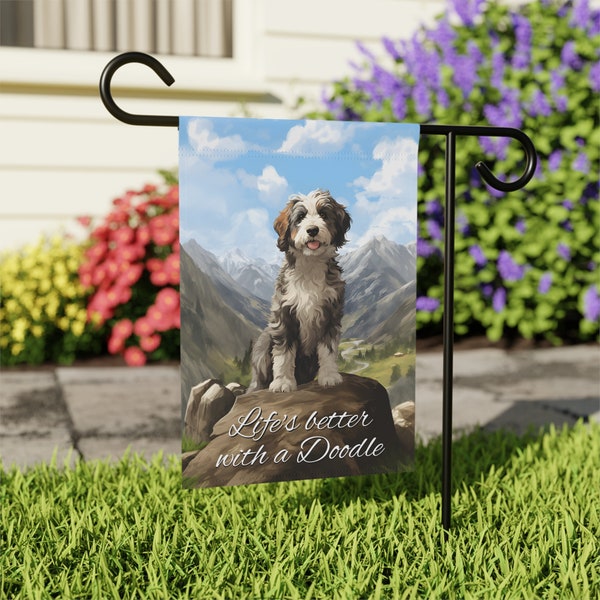 PERSONALIZED Aussiedoodle House or Garden Flag, Your favorite hiking buddy posed in a mountain scene. Memorial Flag or Banner