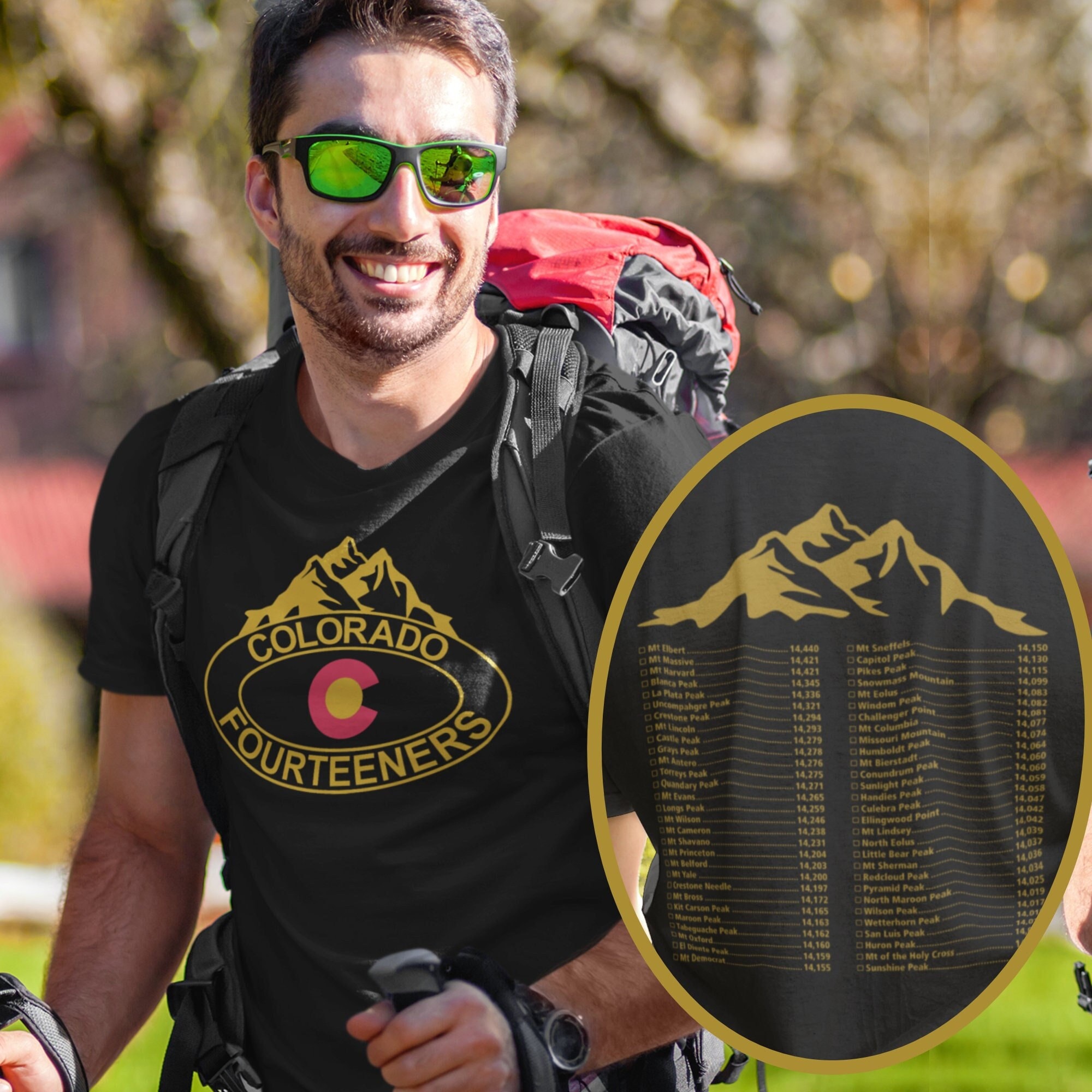 Colorado 14ers Checklist Tee | Colorado Logo on Front | Fourteeners Check List on Back | Front and Back Design | Gift for Hikers & Climbers