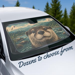 Wildlife Sun Shades, Dozens of close up animal portrait car accessories, Two sizes, raccoon, bison, deer, bear, wolf, marmot, and more