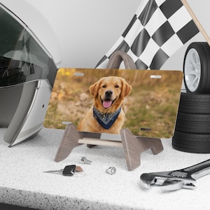 May include: A license plate featuring a Golden Retriever wearing a blue bandana, displayed on a wooden stand. A racing flag, tires, and tools are in the background, suggesting a car-themed product.