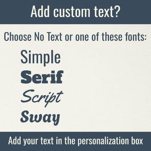 May include: Image with text: "Add custom text? Choose No Text or one of these fonts: Simple, Serif, Script, Sway. Add your text in the personalization box." The text is in a dark blue font on a light beige background.