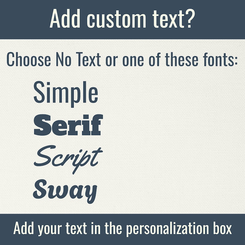 May include: Image with text: "Add custom text? Choose No Text or one of these fonts: Simple, Serif, Script, Sway. Add your text in the personalization box." The text is in a dark blue font on a light beige background.