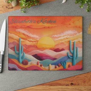 Personalized Glass Cutting Board, Desert Cactus Craft design, great gift for housewarming, engagement, wedding, mom, or grandma