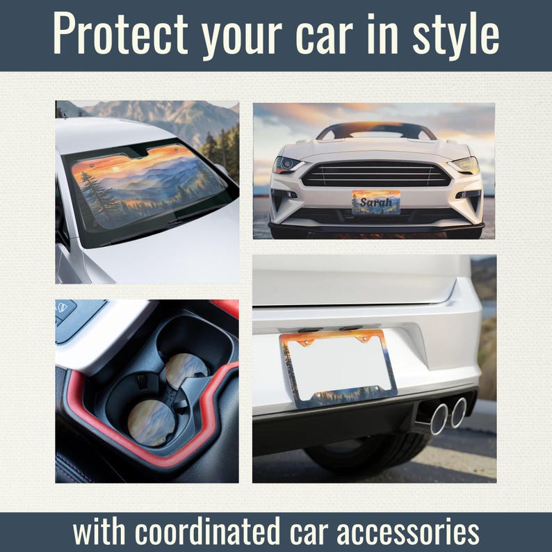 May include: Image showcasing coordinated car accessories. Includes a car sunshade with a mountain landscape, a white car with a license plate, car cup coasters, and a license plate frame. Text reads: "Protect your car in style with coordinated car accessories."