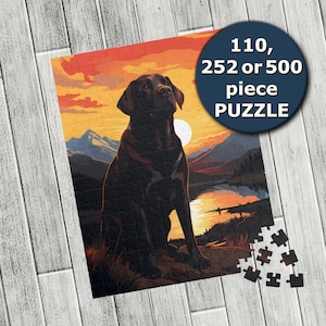 Labrador Retriever Puzzle, Your favorite hiking buddy, this Lab dog is posed in front of a mountain scene, ready for a hike