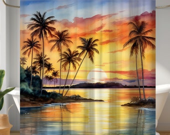 Tropical Hawaiian Sunset Shower Curtain, ocean vibe bath decor, durable 100% polyester,  gift for surfers and beach lovers
