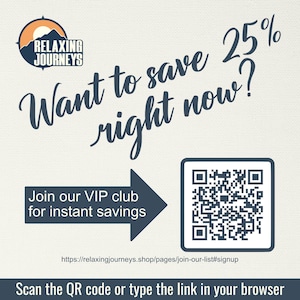 May include: Cream-colored graphic with the text "Want to save 25% right now?" and a call to action to join the VIP club for instant savings. Includes a QR code and a website address. The logo features a mountain and sun.