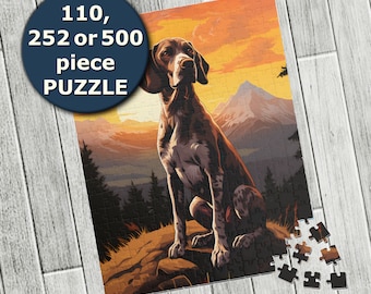 May include: A brown and white German Shorthaired Pointer dog sits on a rock in a mountain landscape with a sunset in the background. The dog is looking to the left. The image is a jigsaw puzzle with a few pieces missing.