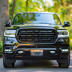 May include: A black SUV with a prominent front grille and bright headlights. The license plate reads "MOUNTAIN STRONG" with a scenic mountain and sunset design. The vehicle is parked in front of a blurred green background of trees.