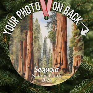 Custom Sequoia National Park ornament, personalized photo on lightweight metal, family vacation souvenir, gift for wedding engagement