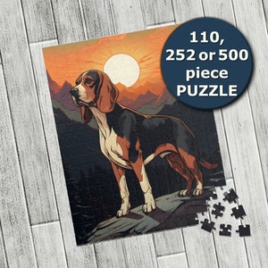 May include: A jigsaw puzzle featuring a beagle dog standing on a rock with a sunset in the background. The puzzle is available in 110, 252, or 500 pieces.