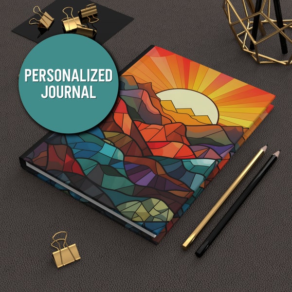 Personalized Mountain Sunset Journal with Colorful Stained Glass design | Hiking log book | Personal Diary