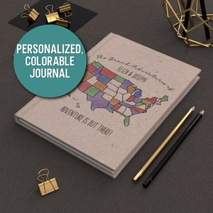 Personalized, Colorable US Map Travel Journal | Choose up to three lines of text | Great for hiking, camping, or RVing