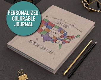 May include: A personalized, colorable journal with a map of the United States. The journal cover is beige and features the text "The Grand Adventures of Eliza & Joseph" and "Adventure is out there!"