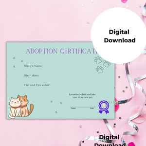 Katzen Adoptionsurkunde | Haustieradoption | Kinder Mitbringsel | Adoption eines pelzigen Freundes | Sofortiger digitaler Download