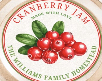 Étiquette modifiable de confiture de canneberges, étiquettes de mise en conserve de canneberges, autocollants, modèle de couvercle de pot de confiture de fruits, étiquettes personnalisées