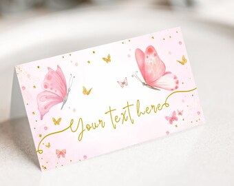 Peut inclure: Carte de place papillon rose avec des paillettes dorées et le texte "Your text here".