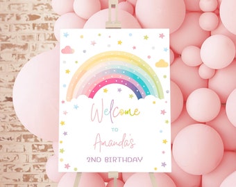 Editable arco iris signo de bienvenida cumpleaños signo de bienvenida arco iris cumpleaños niñas arco iris fiesta de cumpleaños decoraciones descarga instantánea TN4
