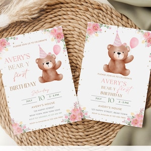 Bear First Birthday Invitation Girl Bear Invitation First Birthday Girl Invite 1st Birthday Girl Invite Teddy Bear Birthday Invitation TN11