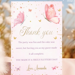 Cartão de agradecimento de aniversário de borboleta editável, nota de agradecimento para primeiro aniversário de menina borboleta, cartão de agradecimento rosa, decoração de festa de borboleta TN7