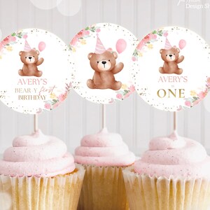 Bearbeitbarer Bär Cupcake Topper Erster Geburtstag Cupcake Topper Mädchen Bär Geburtstagsparty Tischdekoration 1st Birthday Girl Dekoration