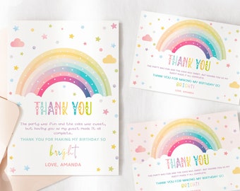 Tarjetas de agradecimiento de cumpleaños de arco iris editables Nota de agradecimiento de cumpleaños de arco iris de niña Tarjeta de agradecimiento de arco iris Decoraciones de fiesta coloridas de arco iris TN4