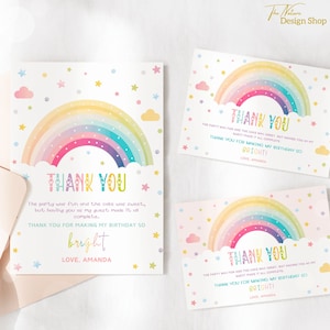 Cartes de remerciement d'anniversaire arc-en-ciel modifiables Anniversaire de fille arc-en-ciel Note de remerciement Carte de remerciement arc-en-ciel Décorations de fête colorées arc-en-ciel TN4