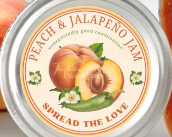 Étiquettes modifiables de confiture de pêches et de jalapenos, étiquettes de gelée de jalapeños