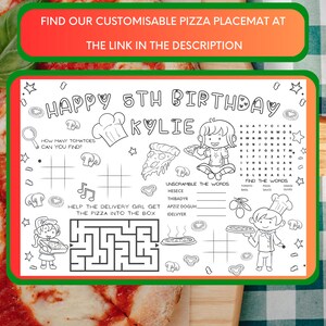 Peut inclure: Un set de table en papier &agrave; th&egrave;me d'anniversaire de pizza noir et blanc. Le set de table comprend un labyrinthe, une recherche de mots et un jeu de mots m&eacute;lang&eacute;s. Le texte sur le set de table indique "Joyeux 5&egrave;me anniversaire Kylie".