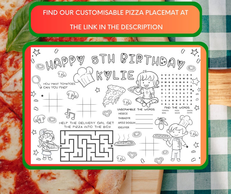 Peut inclure: Un set de table en papier &agrave; th&egrave;me d'anniversaire de pizza noir et blanc. Le set de table comprend un labyrinthe, une recherche de mots et un jeu de mots m&eacute;lang&eacute;s. Le texte sur le set de table indique "Joyeux 5&egrave;me anniversaire Kylie".