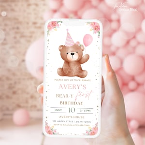 Editable Beary First Birthday Invitation Teddy Bear Girl Birthday Invitation Bear Birthday Invite 1st Birthday Invitation Pink  TN11