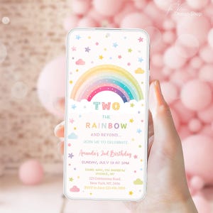 Invito di compleanno arcobaleno modificabile per bambine, invito di compleanno arcobaleno per il secondo anno, invito di compleanno arcobaleno, invito di compleanno colorato digitale TN4
