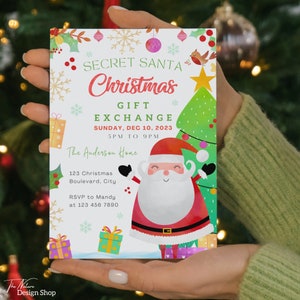 May include: A white invitation card with a cartoon Santa Claus and a Christmas tree. The text reads "Secret Santa Christmas Gift Exchange Sunday, Dec 10, 2023 5pm to 9pm The Anderson Home 123 Christmas Boulevard, City RSVP to Mandy at 123 456 7890".